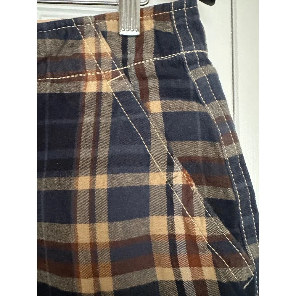 Vintage Plaid Mens Navy Blue Tan Brown Check Cotton Shorts Size 36 Heavy Washed